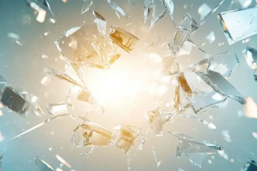 Broken glass illuminated by sunlight, producing a striking contrast of light and shadow