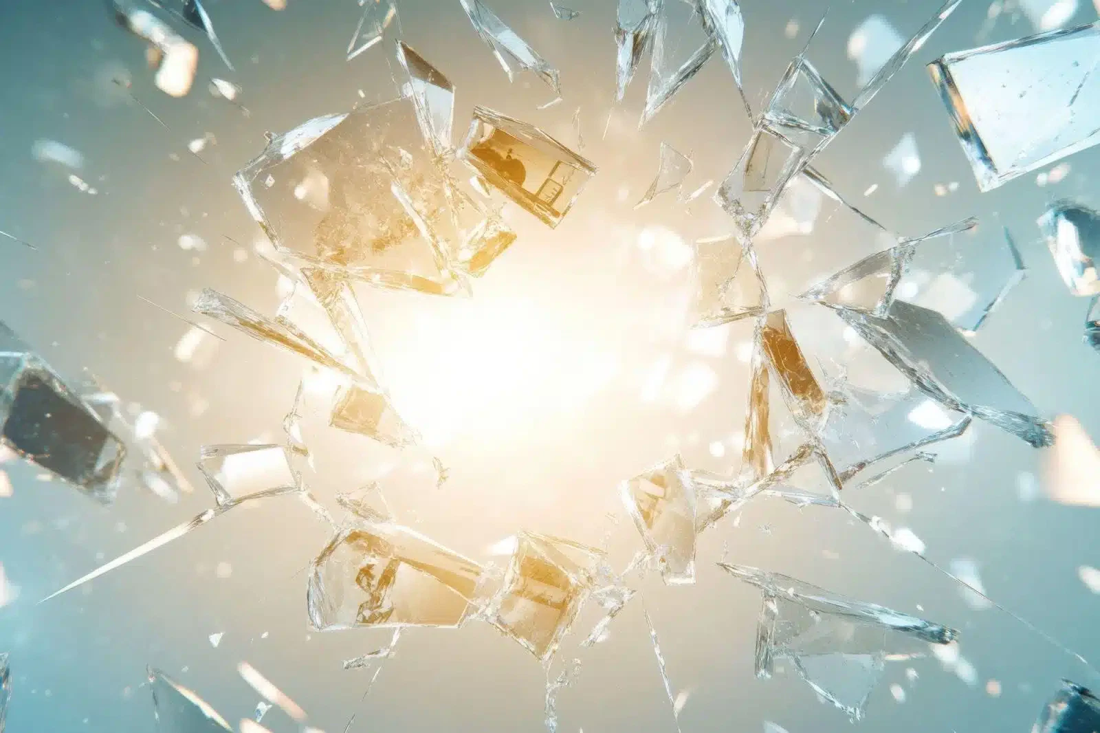 Broken glass illuminated by sunlight, producing a striking contrast of light and shadow