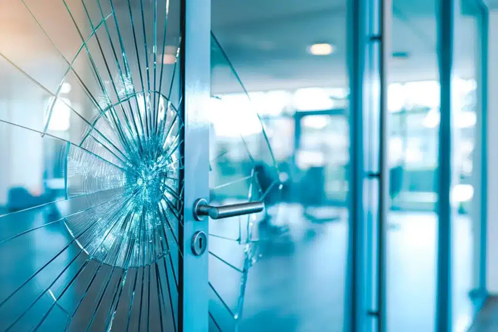 Close-up of a broken glass door with a spiderweb crack pattern near the handle.