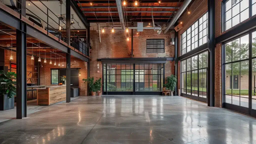 Spacious industrial-style loft with exposed brick walls, large black-framed glass windows, polished concrete floors, and a modern open-concept design.