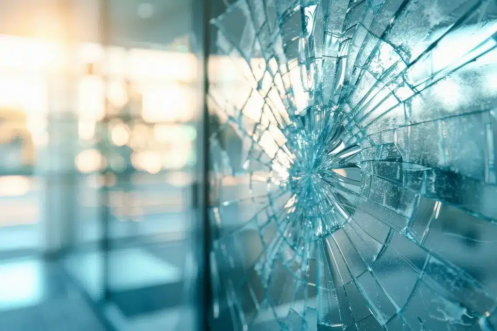 A close-up of a glass pane with a spiderweb pattern of cracks, set against a blurred modern building interior with large windows.
