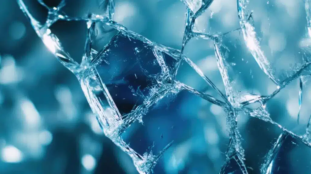 A close-up of cracked glass with a web of fractures, illuminated in shades of blue.