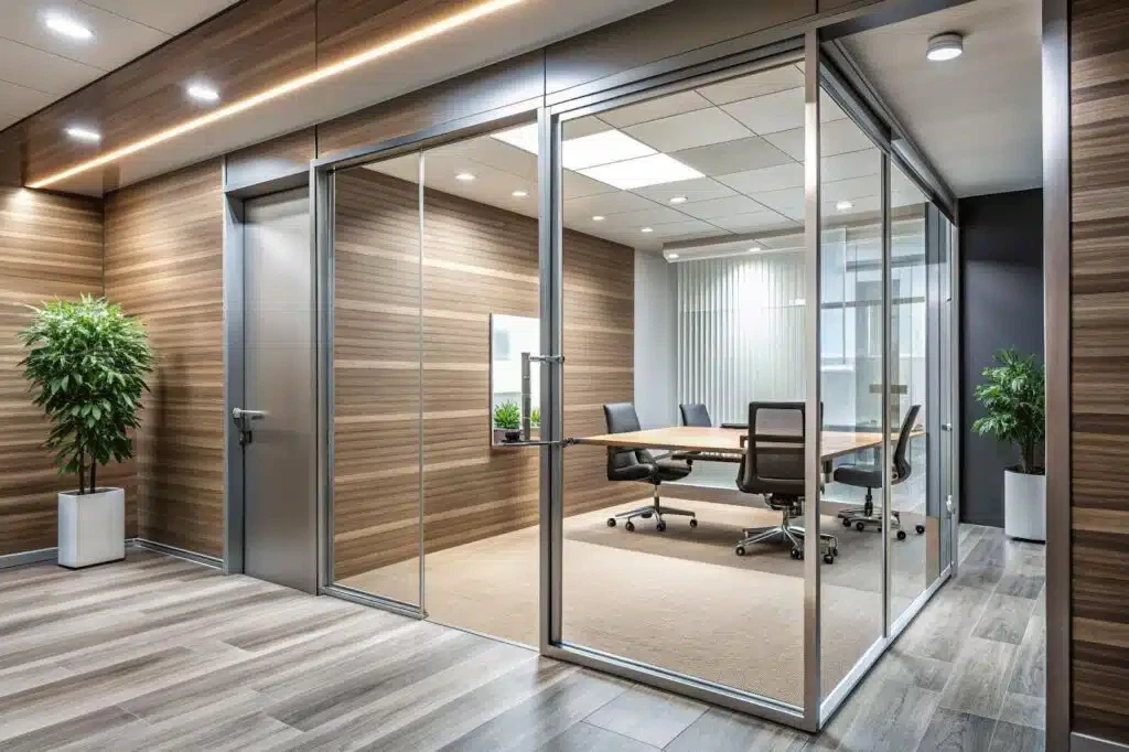 A modern office space with a glass-walled meeting room in the background