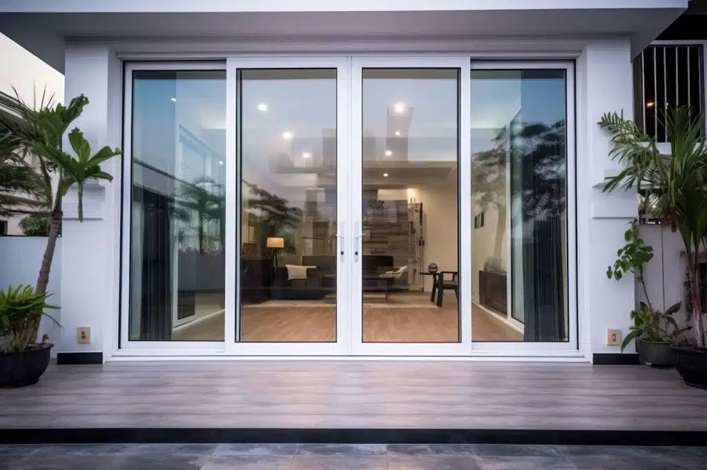 A spacious glass door leads to a patio featuring comfortable seating and plants