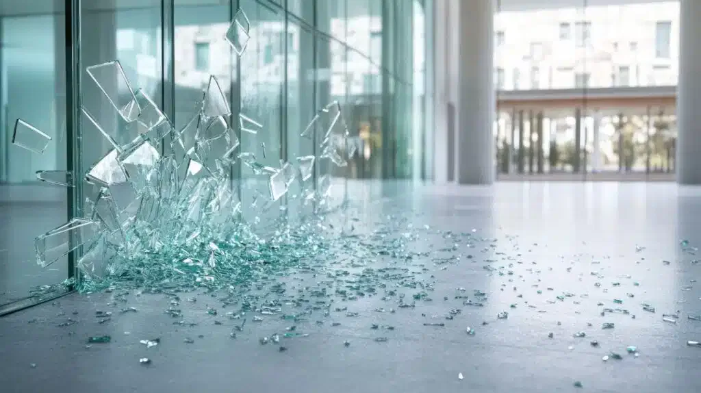 Shattered glass fragments scattered on the floor of a modern building with large glass windows, showing a broken pane.