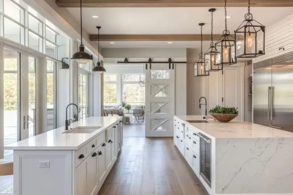 A bright, modern kitchen with white cabinetry, marble countertops, and a sliding barn door opens to a sunlit dining area.