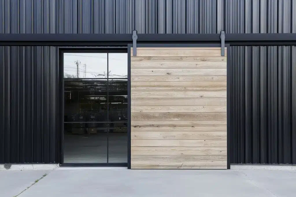 A modern industrial building features a large glass window and a sliding wooden barn door on a black metal exterior.