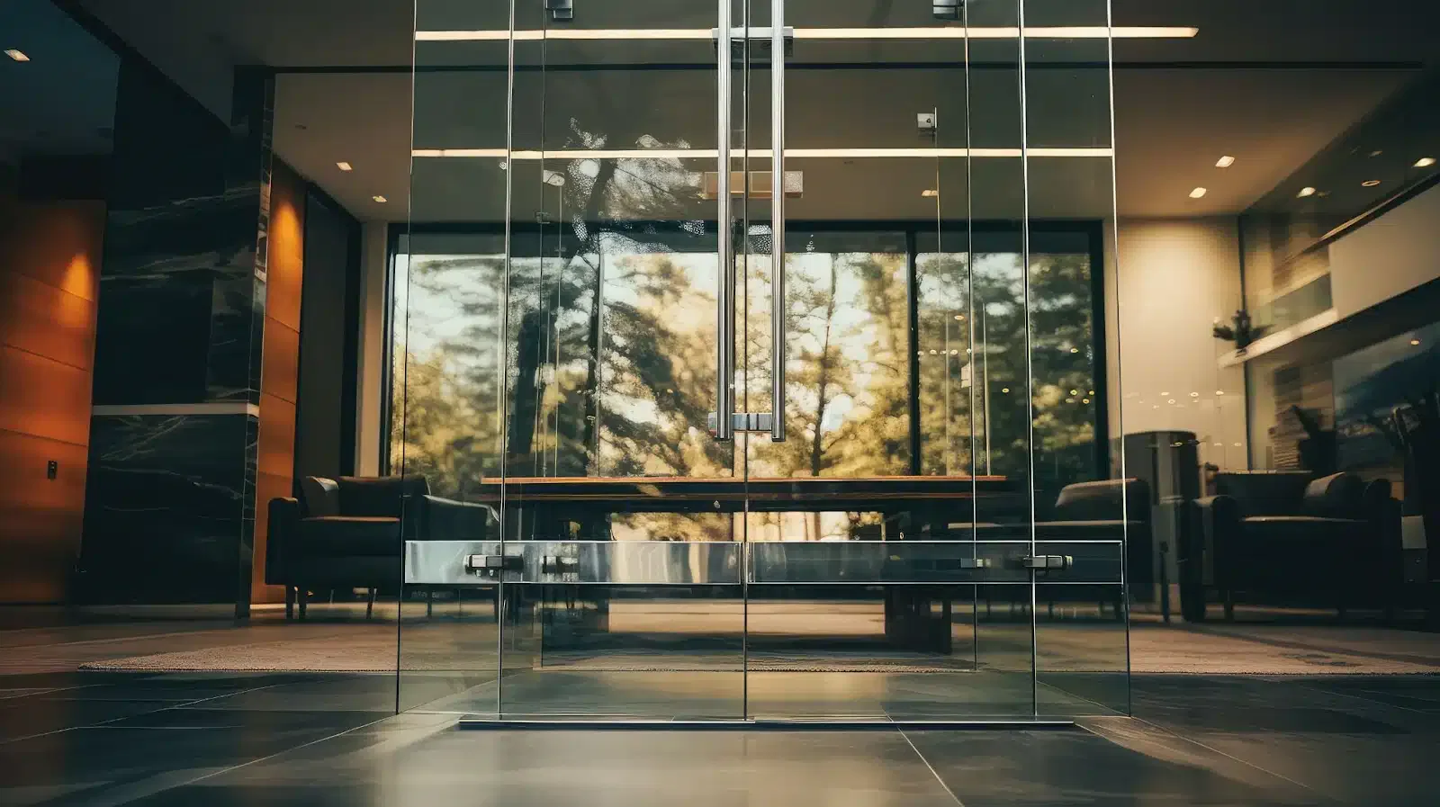 A sleek, modern office with glass doors opens to a conference room with large windows overlooking trees.