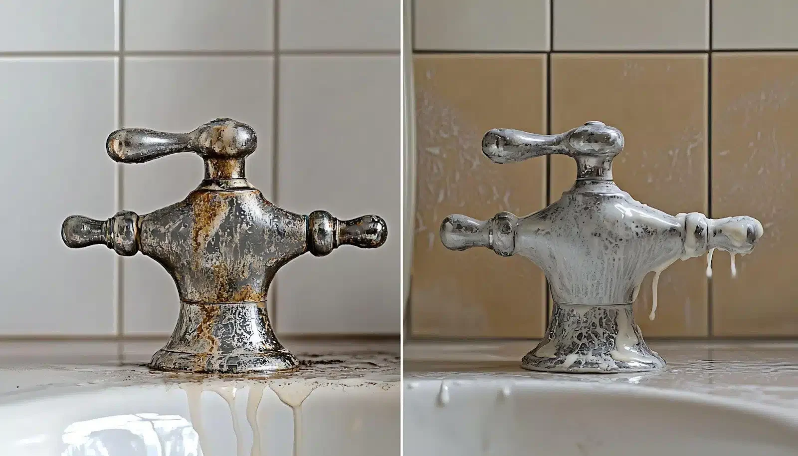 Two images of a faucet showing water that is visibly dirty and unclean
