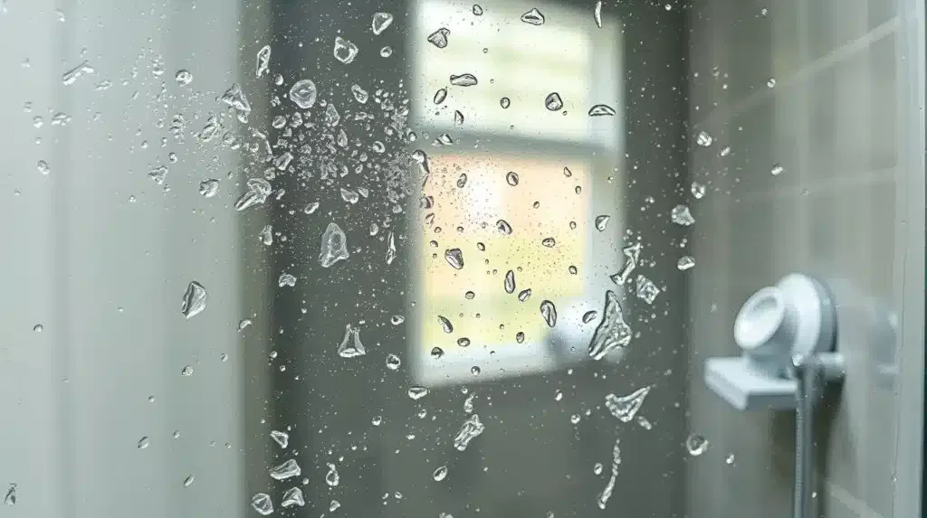 Water droplets adorn the glass of a shower enhancing the sense of cleanliness and relaxation