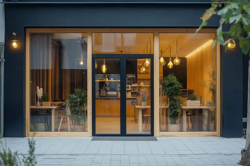 Modern cafe with large glass doors and indoor plants.