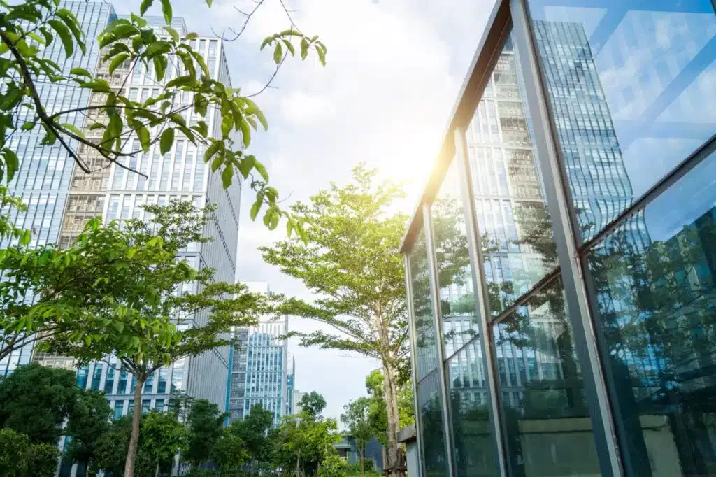 Modern glass skyscrapers with trees and sunlight in a cityscape.
