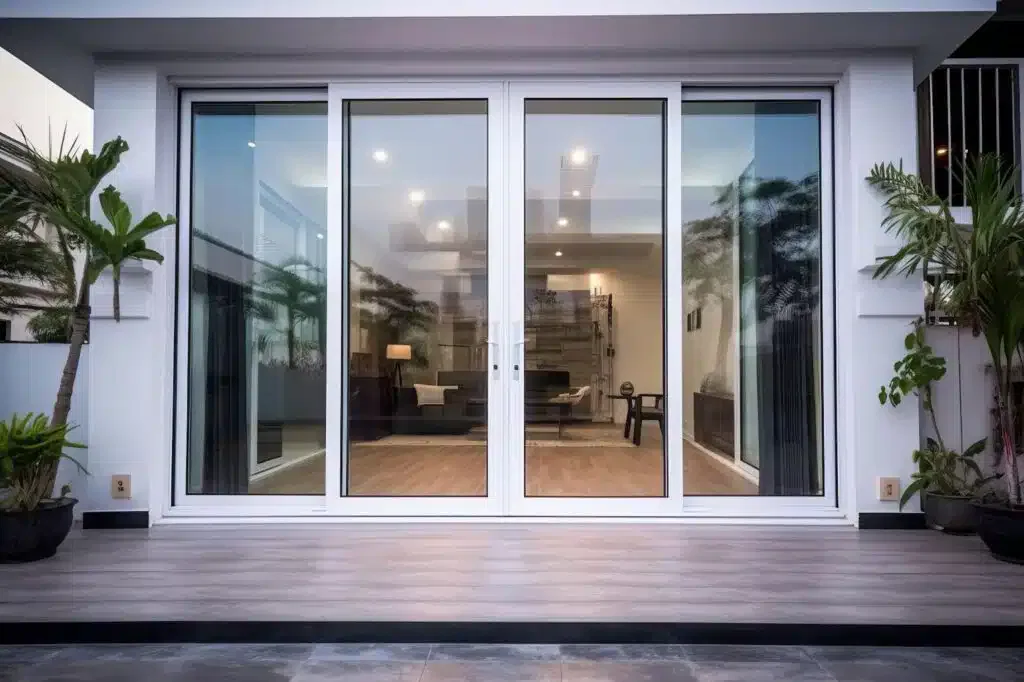 Modern sliding glass doors opening to a stylish living room with plants on the patio.