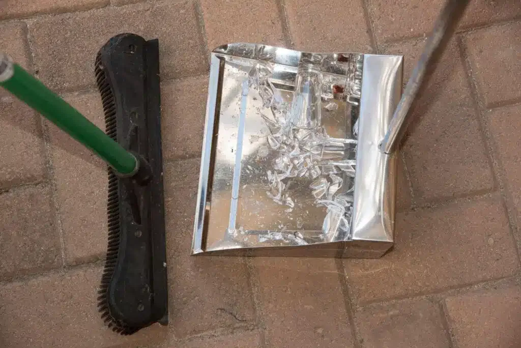 A broom and a metal shovel resting on a textured brick floor ready for cleaning tasks