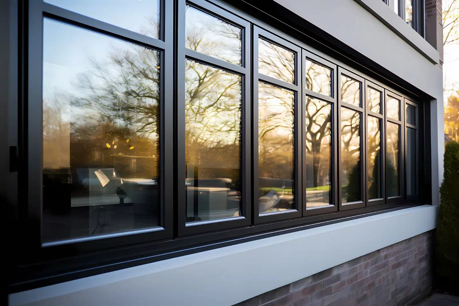Modern black-framed windows reflecting trees and sunset on a brick building.