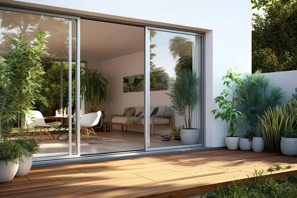 Modern living room with sliding glass doors opening to a wooden deck surrounded by plants.
