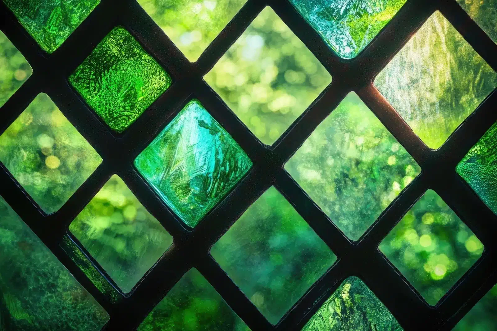A green stained glass window with intricate patterns against a solid green background