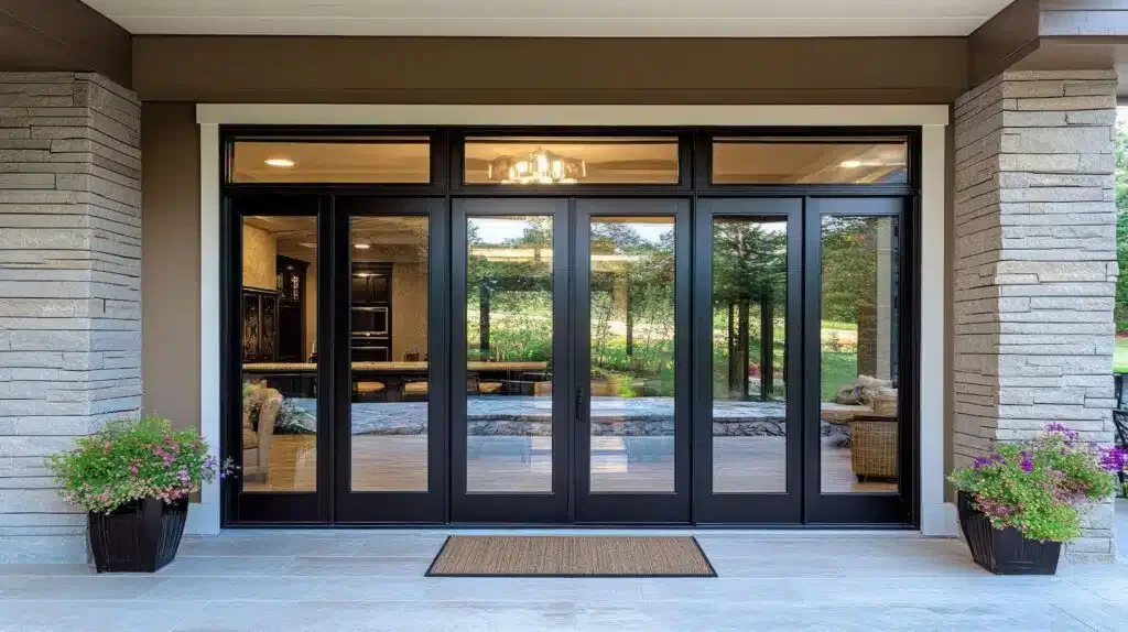 A large entryway with stylish black doors leading to a charming patio space