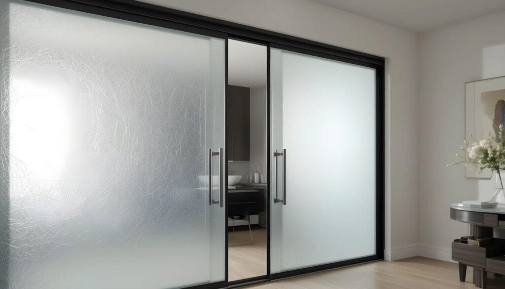 A large frosted glass sliding door that allows light while ensuring privacy