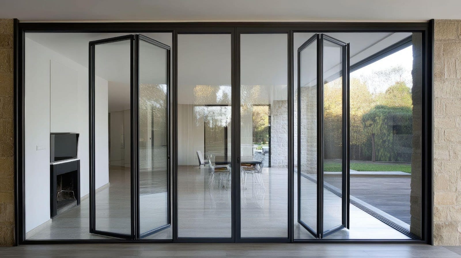 A large glass sliding door showcasing a clear view of the outdoors framed by a modern interior setting