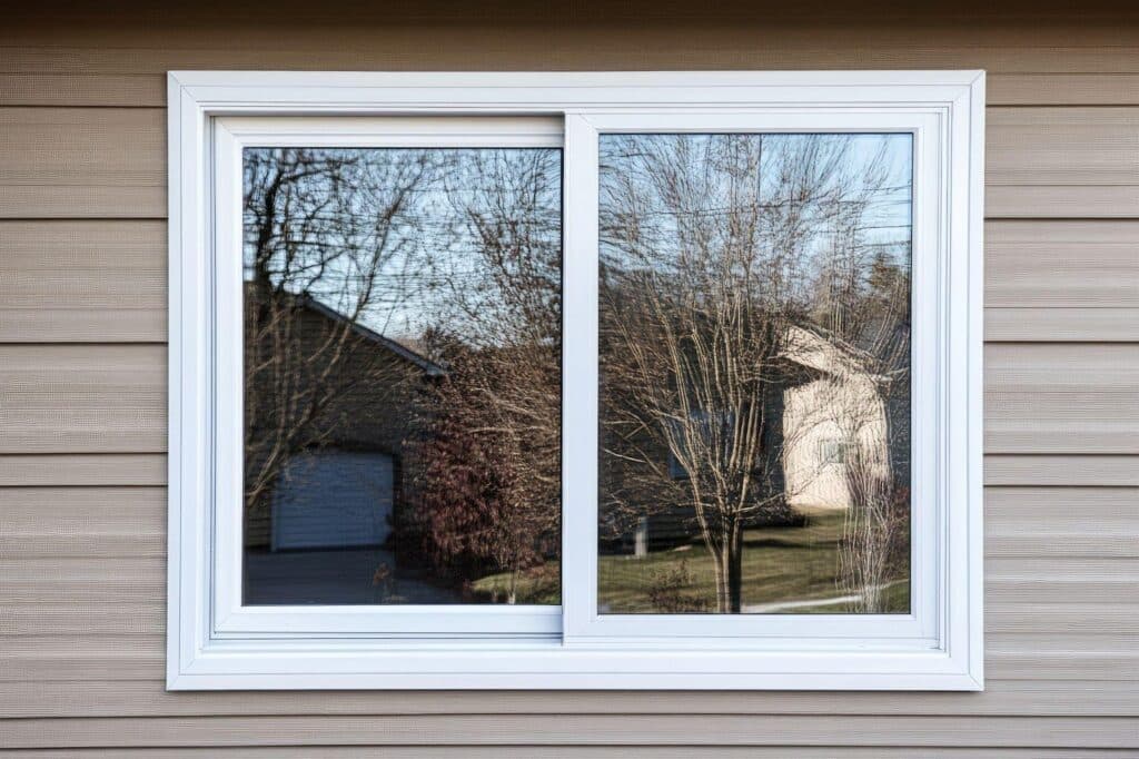 A white-framed window on white siding highlighting a minimalist design
