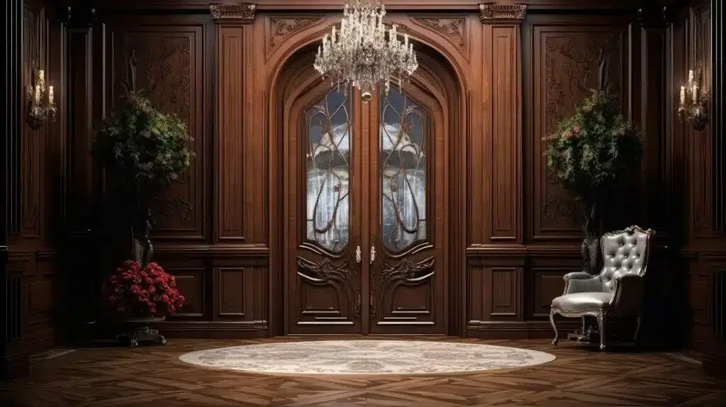 Stylish residence entrance featuring a beautiful chandelier for a sophisticated atmosphere