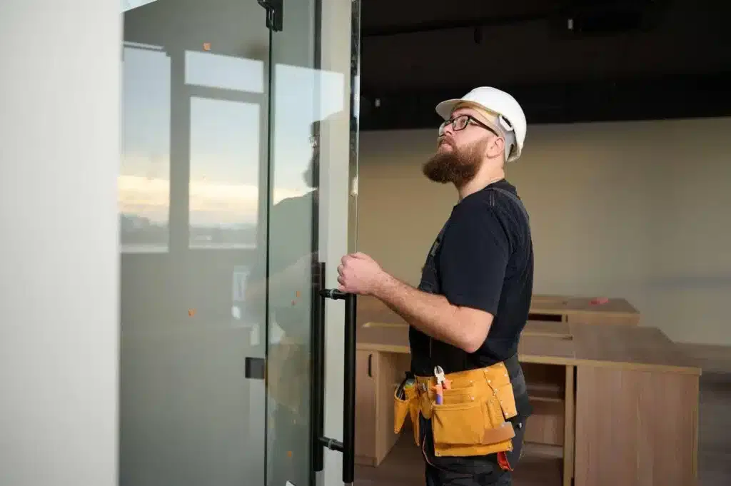 A bearded man in a hard hat stands before a glass door looking serious