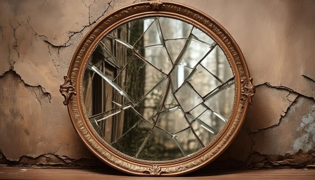 A broken mirror is placed on a table, showcasing jagged edges and fragmented reflections of nearby objects.