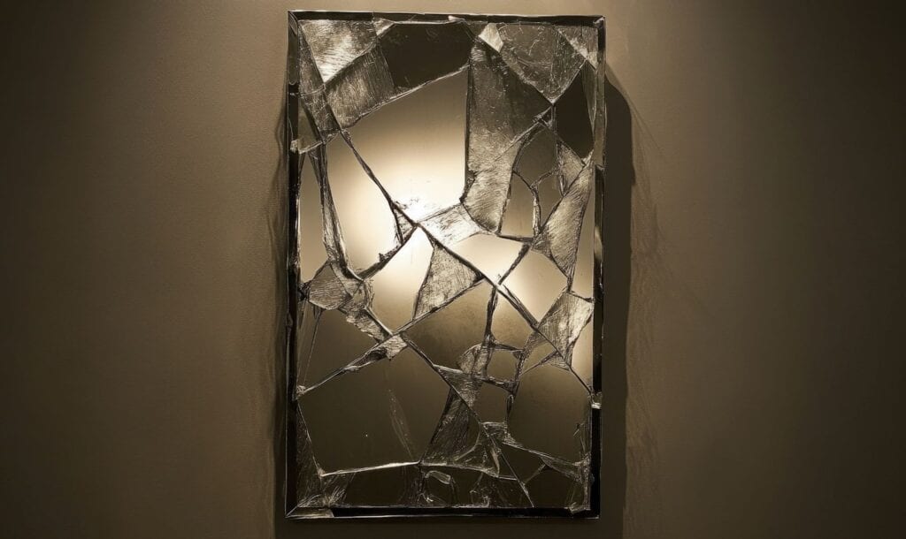 A broken mirror on the wall, featuring cracks and missing pieces of glass.