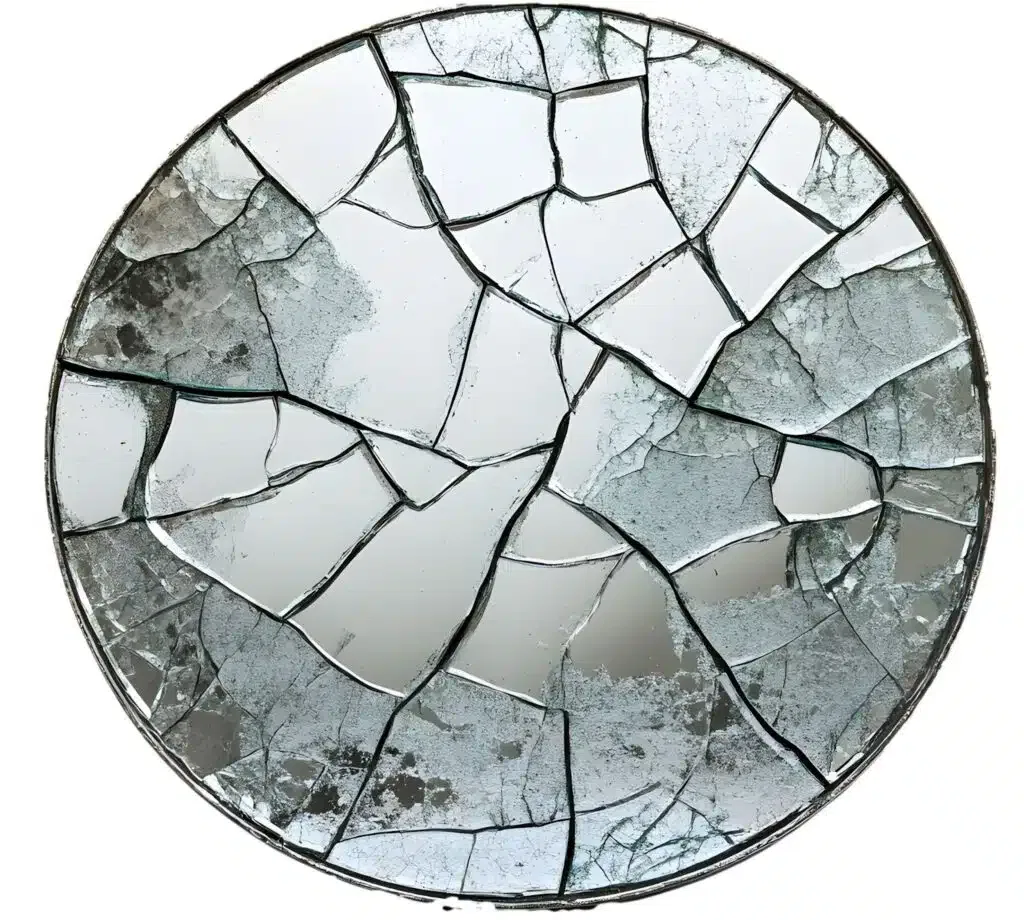 A circular mirror with visible cracks, reflecting a distorted view of its surroundings.