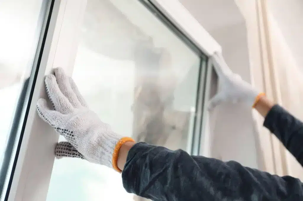 A person wearing gloves touches a window focusing on the glass surface with a white glove