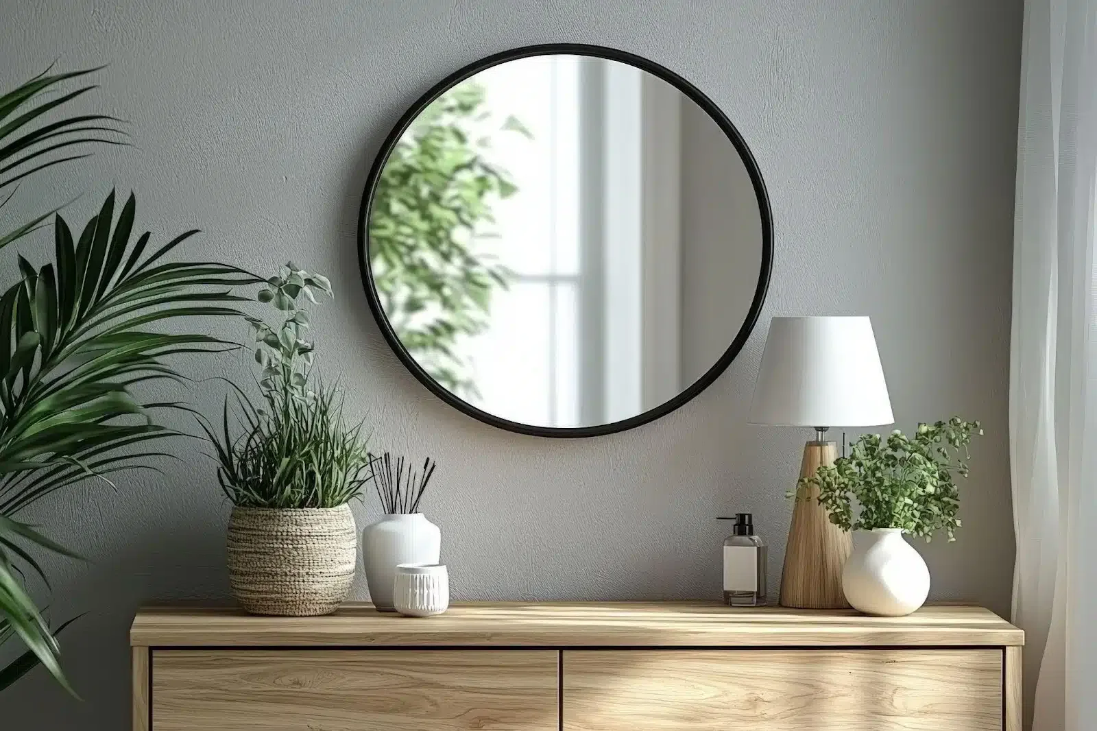 A wall-mounted mirror above a dresser enhances the room aesthetics and utility