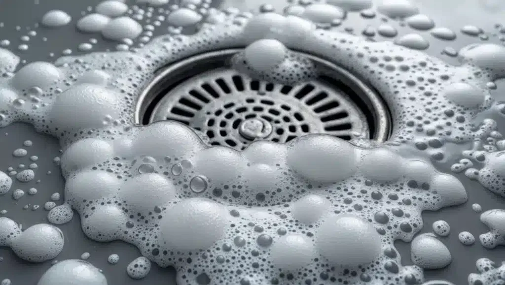 Close-up of a drain filled with soap bubbles, showcasing the texture and sheen of the bubbles against the metal surface.