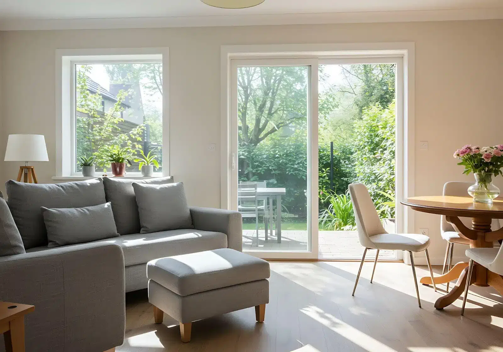 A cozy living room with a couch table and chair for relaxation