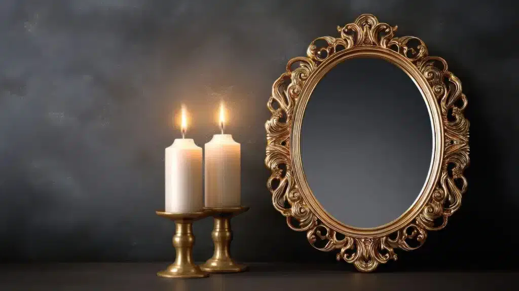 Two lit candles in gold holders next to an ornate gold-framed mirror against a dark background.