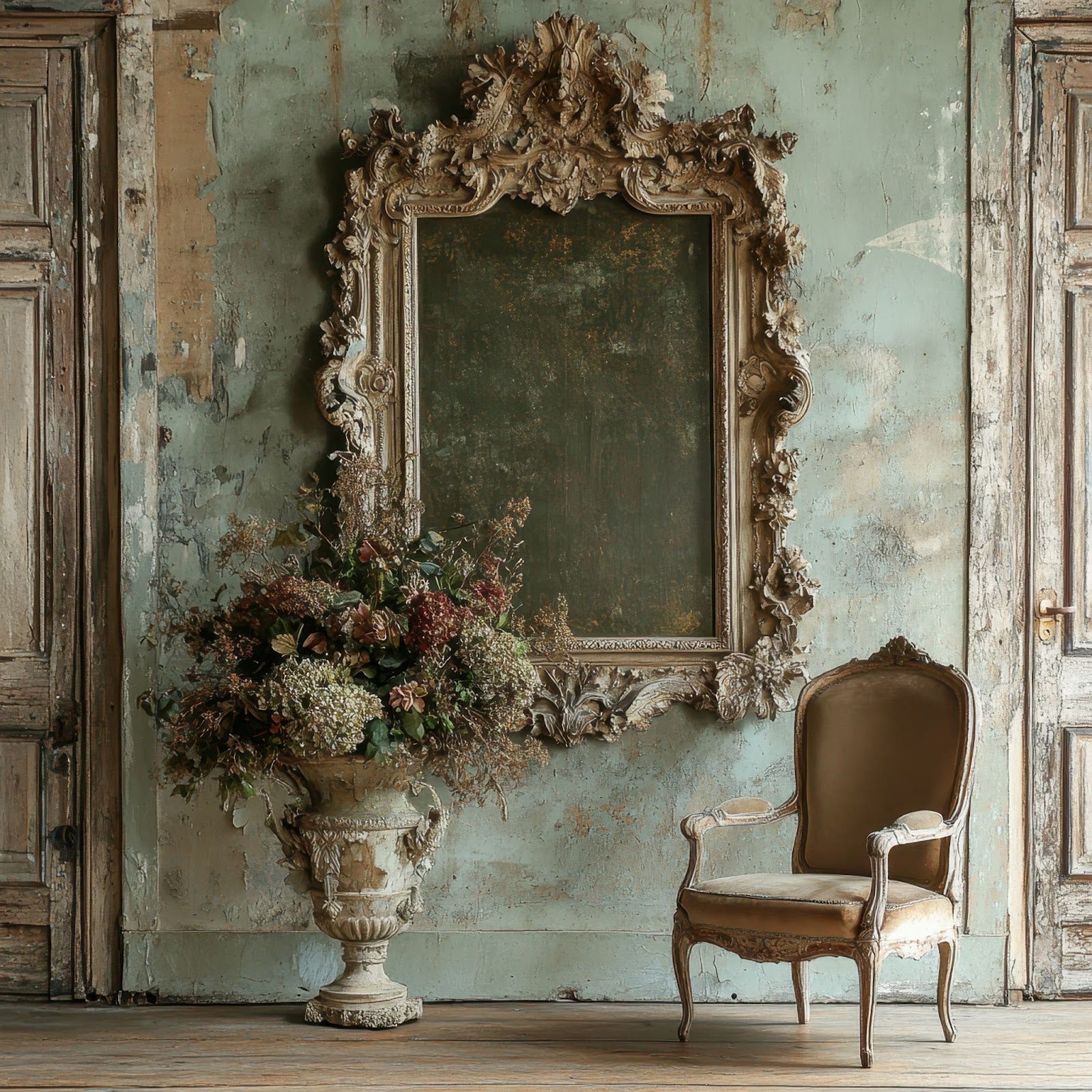 Vintage chair and ornate mirror in a weathered room with floral arrangement.