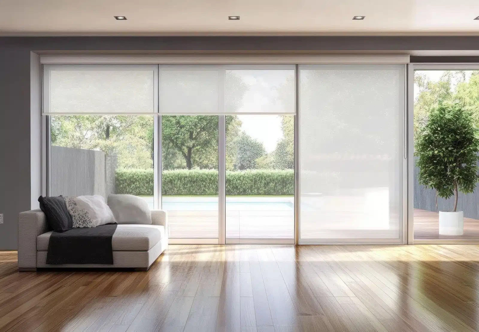 A cozy living room featuring a couch and large sliding glass doors that open to an outdoor space