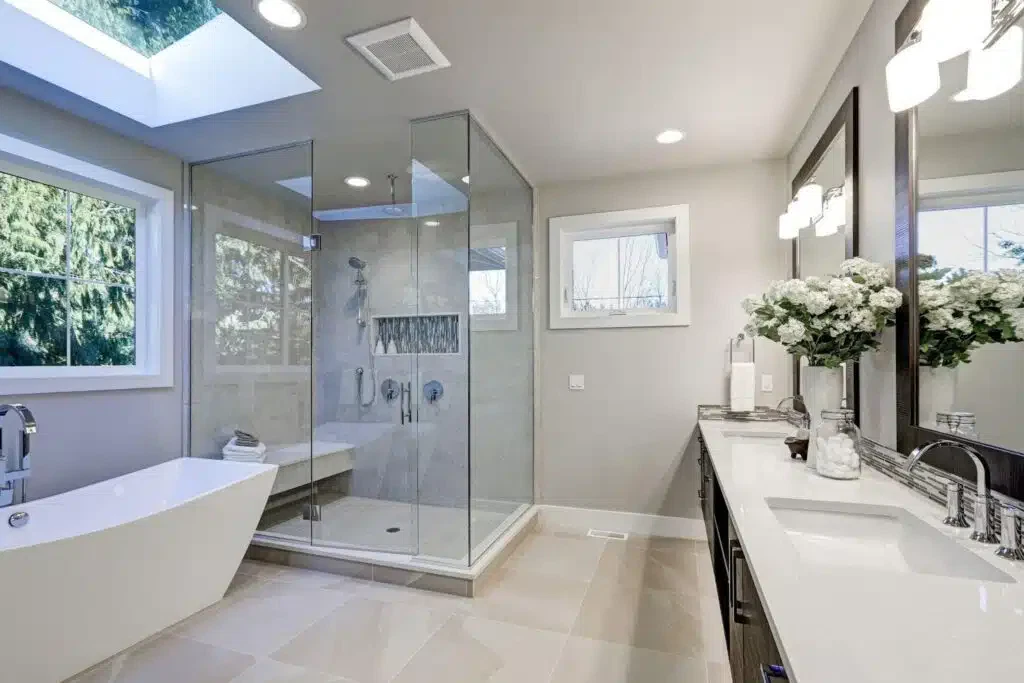 A well-maintained bathroom that includes a generous shower and a stylish sink creating a fresh and open space