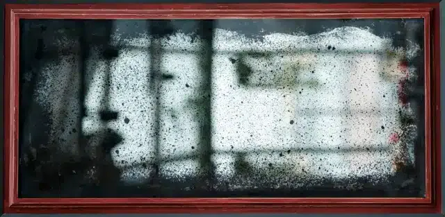 An old, tarnished mirror with heavy black spotting and a red wooden frame.
