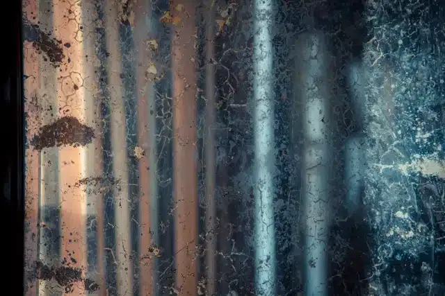 Close-up of a weathered, cracked glass pane covered in grime and rust stains