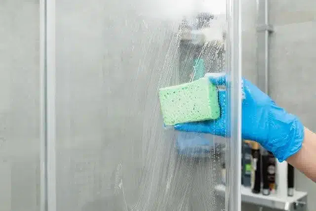 A person in blue gloves is scrubbing a glass shower door focusing on removing soap scum and water spots