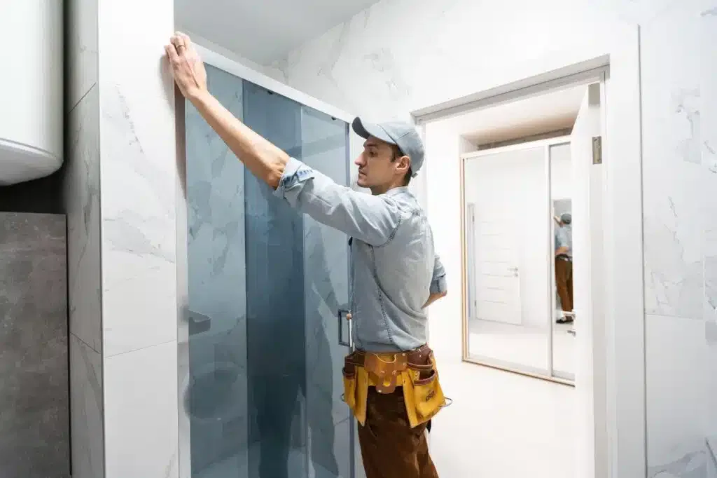 A man in a blue shirt and cap stands before a shower looking towards the camera with a neutral expression