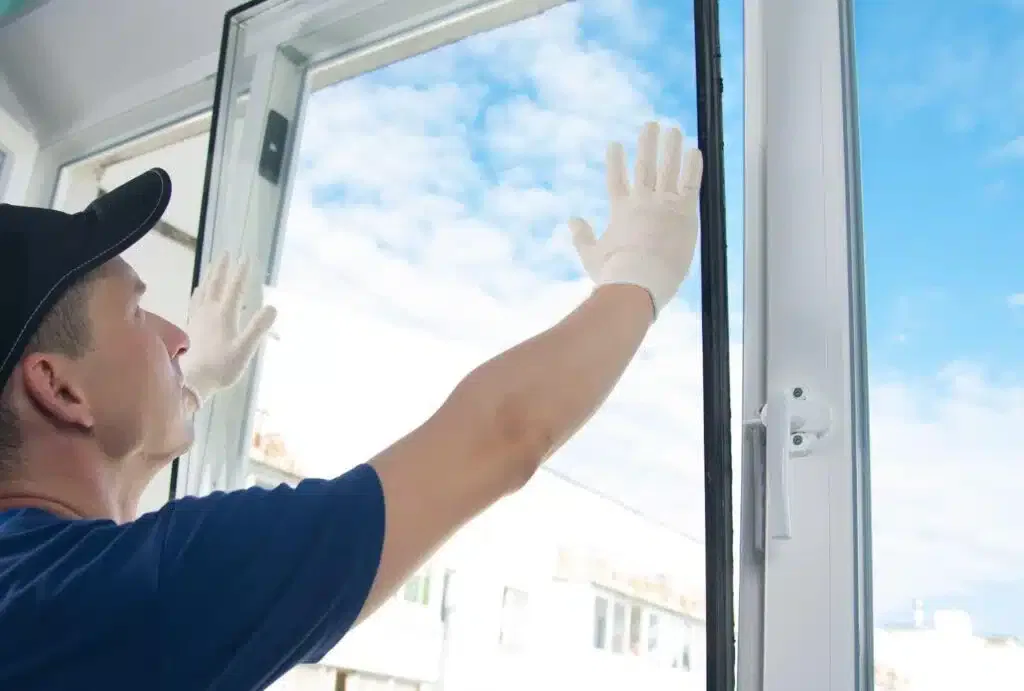 A man in a blue shirt and white gloves is using a cloth to clean a window